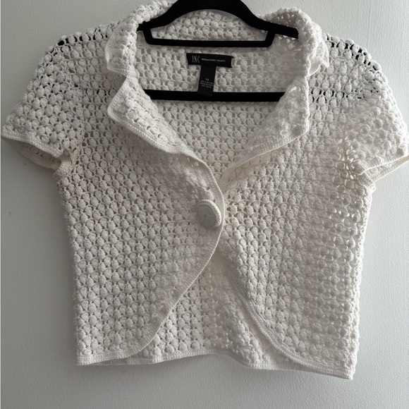 INC International Concepts White Crochet Button Front Short Sleeve Cardigan M - Picture 1 of 10